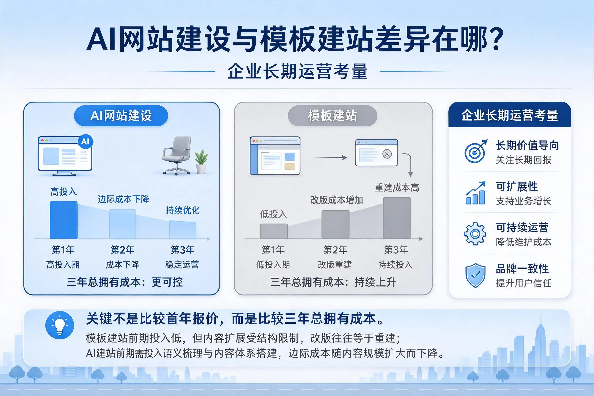 AI网站建设与模板建站差异在哪?日喀则企业长期运营考量